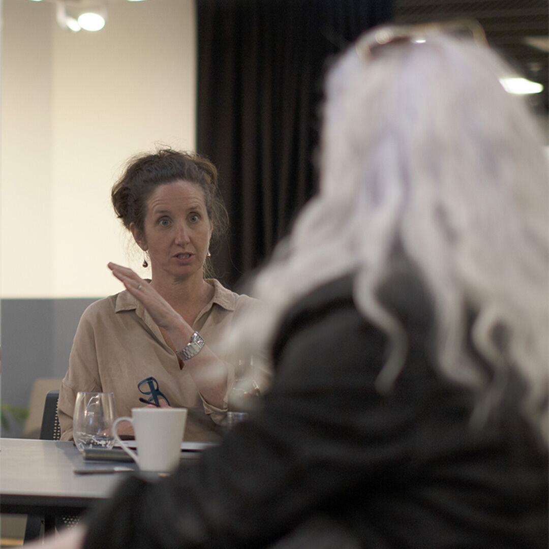 Annamarie Jamieson chatting with Simon Che de Boer at rehearsals